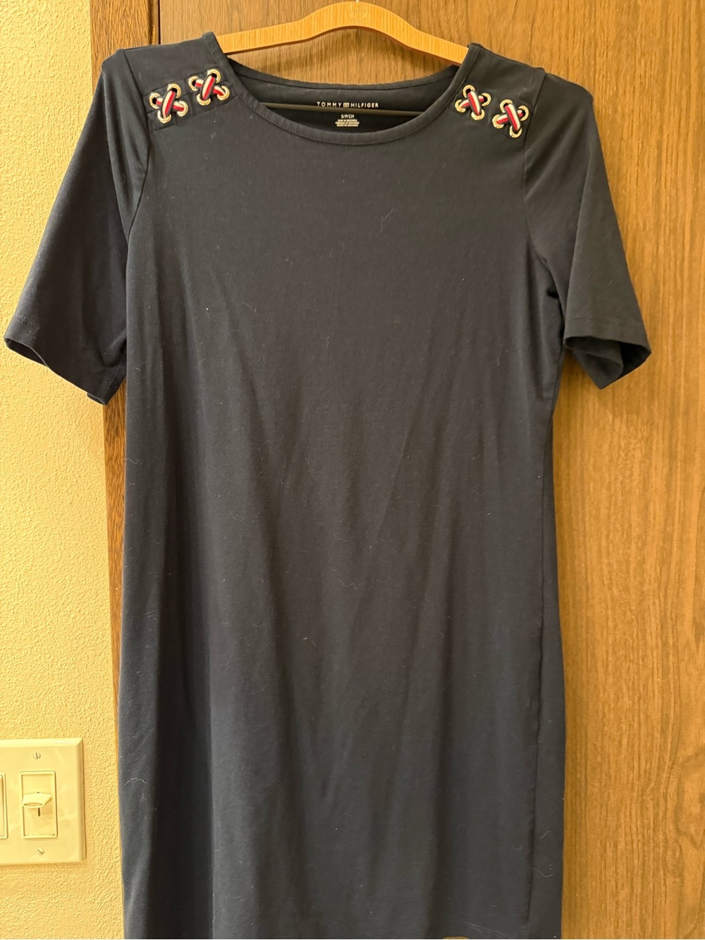 Tommy Hilfiger Navy Short-Sleeve Midi Dress with Embellished Shoulder Knots